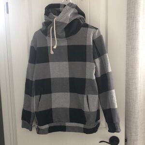 AMPERSAND AVE Black and Gray Plaid Hoodie Sweatshirt